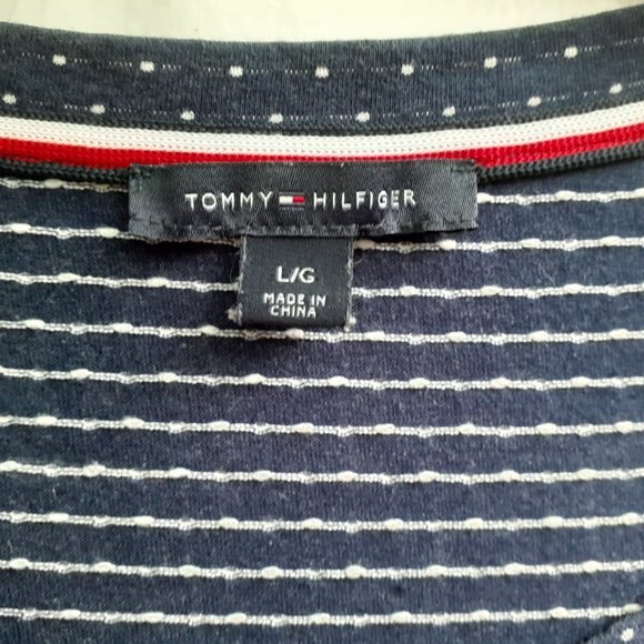 Tommy Hilfiger Contrast Denim Pocket Metal H Logo Scoop Neck Tiny Dots Top L - Picture 6 of 6